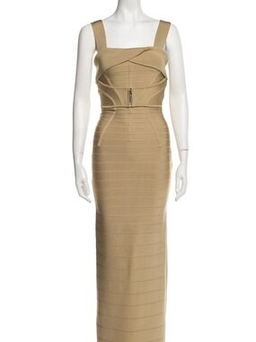NWT Rare Tan HERVE LEGER Beige Bodycon Icon Bandage Dress XS Corset Safari Gown